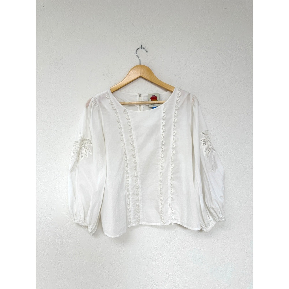 FARM RIO for Anthropologie White Eyelet Palm Tree Balloon Sleeve Blouse M